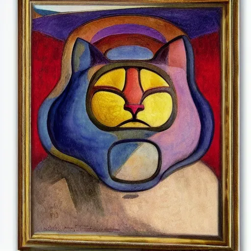 Image similar to polychrome cat head sculpture, by annie swynnerton and diego rivera and nicholas roerich, symbolist, dramatic lighting, god rays, elaborate geometric ornament, art brut, rich colors, smooth sharp focus, extremely detailed, adolf wolfli