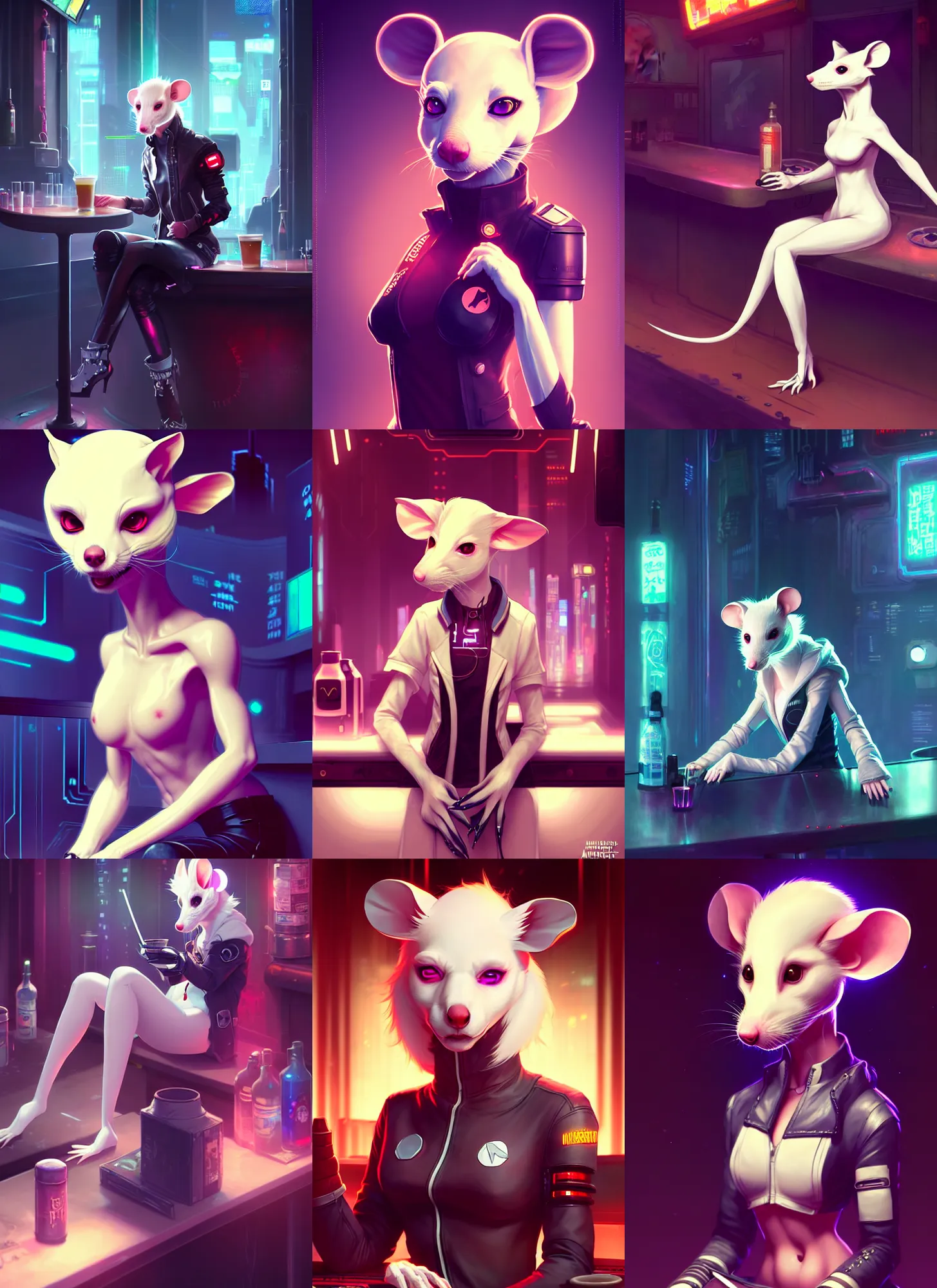 Prompt: portrait of a female anthropomorphic albino mouse fursona wearing cyberpunk clothes sitting at a cyberpunk bar. character design by disney, charlie bowater, ross tran, artgerm, and makoto shinkai, detailed, soft lighting, rendered in octane