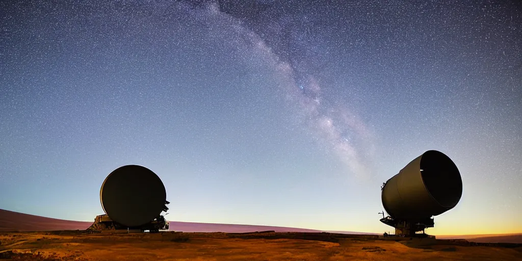 Image similar to huge telescope on mauna kea, starry sky in background, blue color scheme, wide - angle lens, by hiroshi yoshida