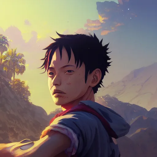 Image similar to highly detailed portrait luffy in gta v, stephen bliss, unreal engine, fantasy art by greg rutkowski, loish, rhads, ferdinand knab, makoto shinkai and lois van baarle, ilya kuvshinov, rossdraws, tom bagshaw, global illumination, radiant light, detailed and intricate environment