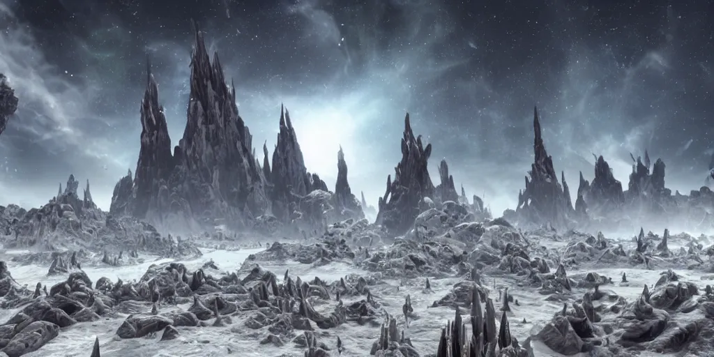 Prompt: a lost planet returning to life, shudders awake, spires shooting off in all directions,