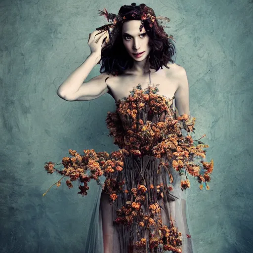 Prompt: full body fine art photo of the beauty gal gadot, she has a crown of dried flowers and is wearing a fashion conceptaul dress made of dried roses, taken by oleg oprisco