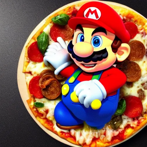 Prompt: a photo of super mario made of cheese in a pizza, food photo, professional food photo, iphone, 4 k