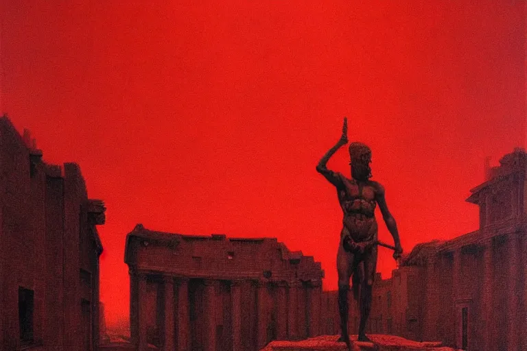 Image similar to only with red, caesar after war, a red tiger, in hoc signo vinces, rome in background, an ancient path, in the style of beksinski, part by hopper, part by rodcenko, part by hofbauer, intricate composition, red by caravaggio, insanely quality, highly detailed, masterpiece, red light, artstation