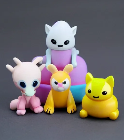 Image similar to some cute plastic toys that look like animal characters, pastel colors