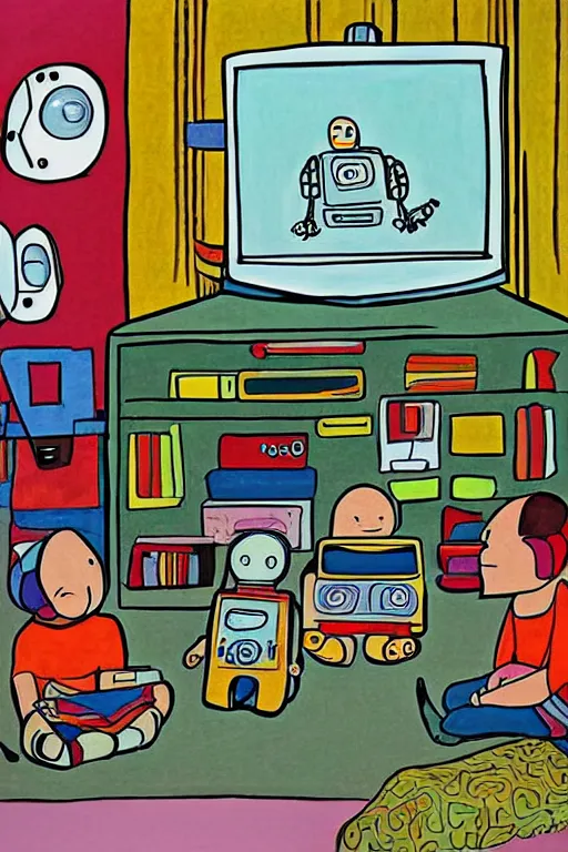 Image similar to children's book illustration of robots watching tv by margret rey