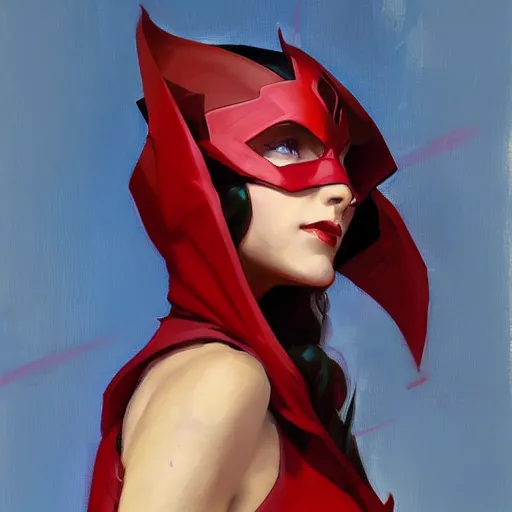 Image similar to greg manchess portrait painting of scarlet witch as overwatch character, medium shot, asymmetrical, profile picture, organic painting, sunny day, matte painting, bold shapes, hard edges, street art, trending on artstation, by huang guangjian and gil elvgren and sachin teng