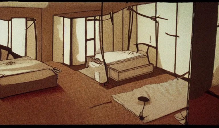 Image similar to A bedroom designed by Junji Ito, 35mm film, long shot