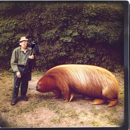 Image similar to old! polaroid photo of an old man! holding a rifle and standing on top of a giant capybara! sleeping