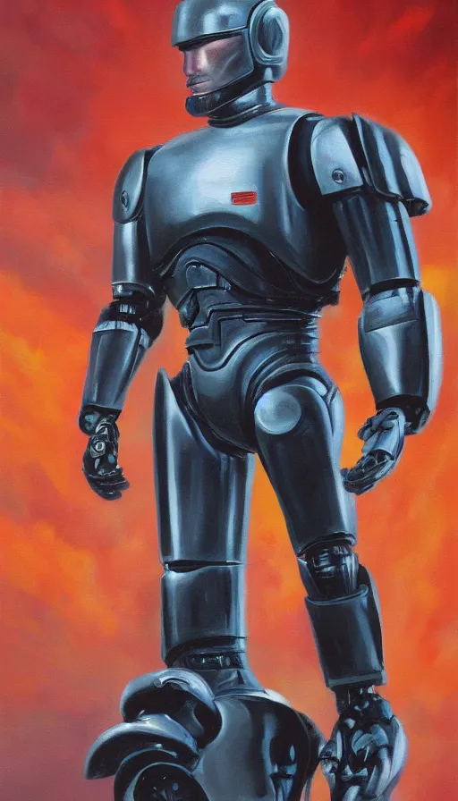 Prompt: robocop, heroic pose, oil painting, rim lighting, by jeff smith