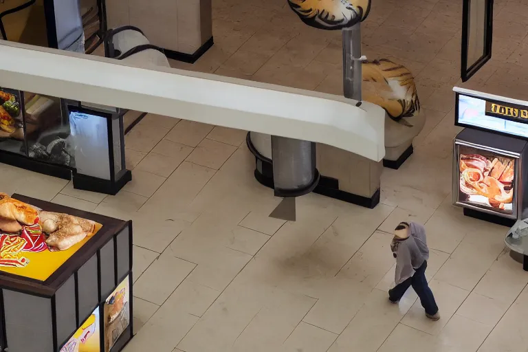 Image similar to overhead view, surveillance, a large adult tiger walking around inside of an empty fast food restaurant lobby