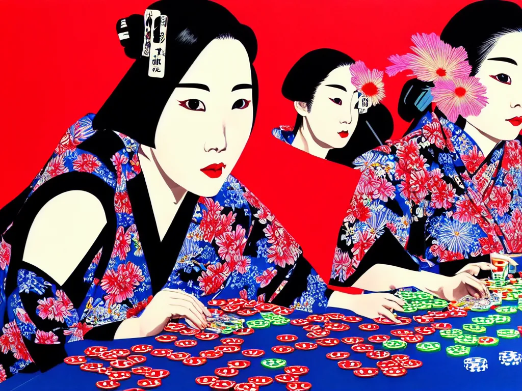 Image similar to hyperrealistic composition of the detailed woman in a japanese kimono sitting at a extremely detailed poker table with detailed darth vader, fireworks, mount fuji on the background, pop - art style, jacky tsai style, andy warhol style, acrylic on canvas