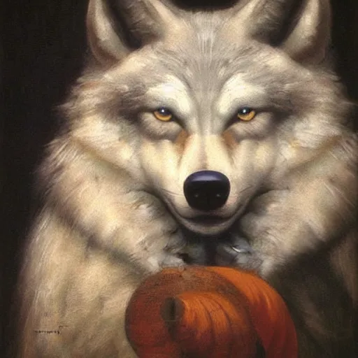 Image similar to realistic wolf fursuit, naturalistic oil painting by michelangelo merisi da caravaggio, chiaroscuro