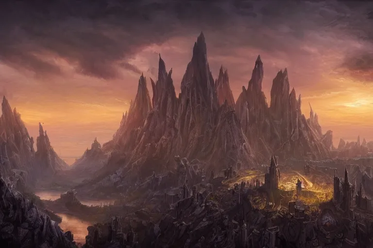 Image similar to high aerial shot, fantasy landscape, sunset lighting ominous shadows, cinematic fantasy painting, dungeons and dragons, a port city with an elvish fortress inspired by the syndey opera house by jessica rossier and brian froud and hr giger
