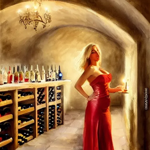 Image similar to beautiful blonde in hot dress in a wine cellar, food, pork, beer, schnapps, rustic, traditional, torches on the wall, watercolor by vladimir volegov, highly detailed, masterpiece