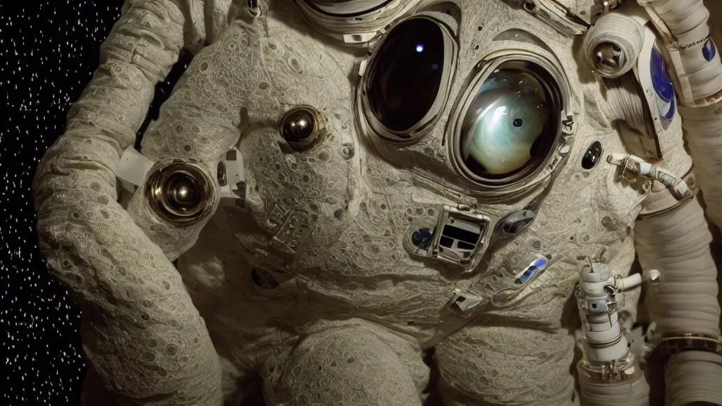 Image similar to a cybernetic symbiosis of a single astronaut eva suit with diamond 3d fractal lace iridescent bubble 3d skin covered with insectoid compound eye camera lenses floats through the living room, film still from the movie directed by Denis Villeneuve with art direction by Salvador Dalí, wide lens,