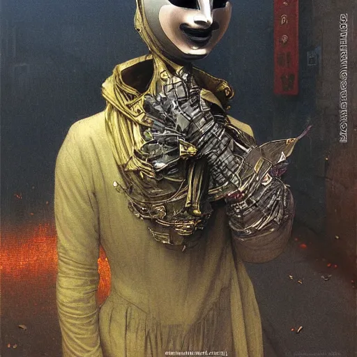 Image similar to portrait of masked dancer on the art deco streets of the industrial city city of ya-Don during the Festival of Masks, award-winning realistic sci-fi concept art by Beksinski, Bruegel, Greg Rutkowski, Alphonse Mucha, and Yoshitaka Amano