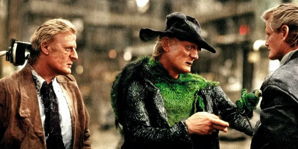 Prompt: Kermit the frog talking to Rutger Hauer on the set of the movie bladerunner, 3d detailed, digital art