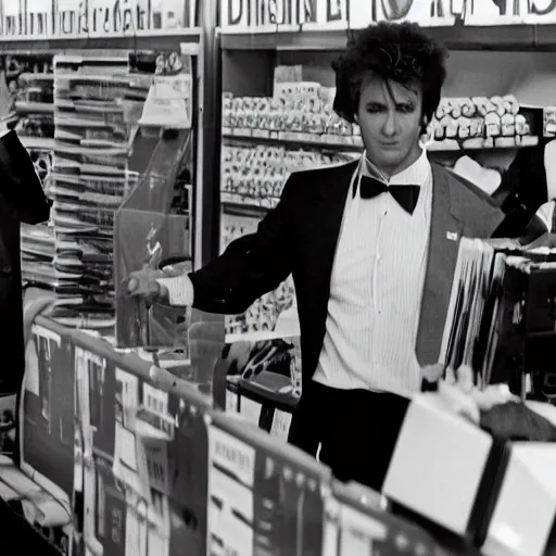 Prompt: Donald Trump working at Kmart in the 1980s black and white photo movie still