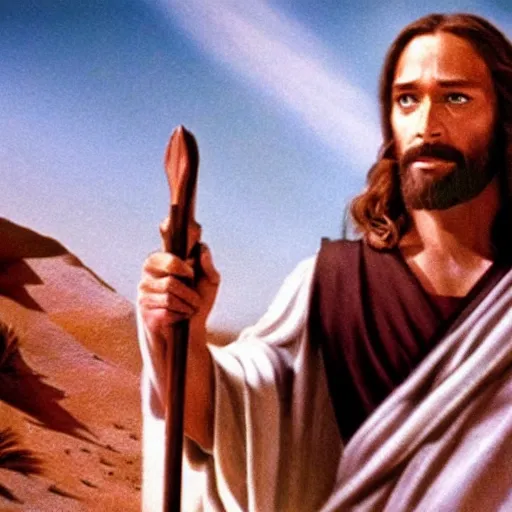 Prompt: a film still of jesus ( from the bible ) in star wars 1 9 7 7, realistic, photorealistic