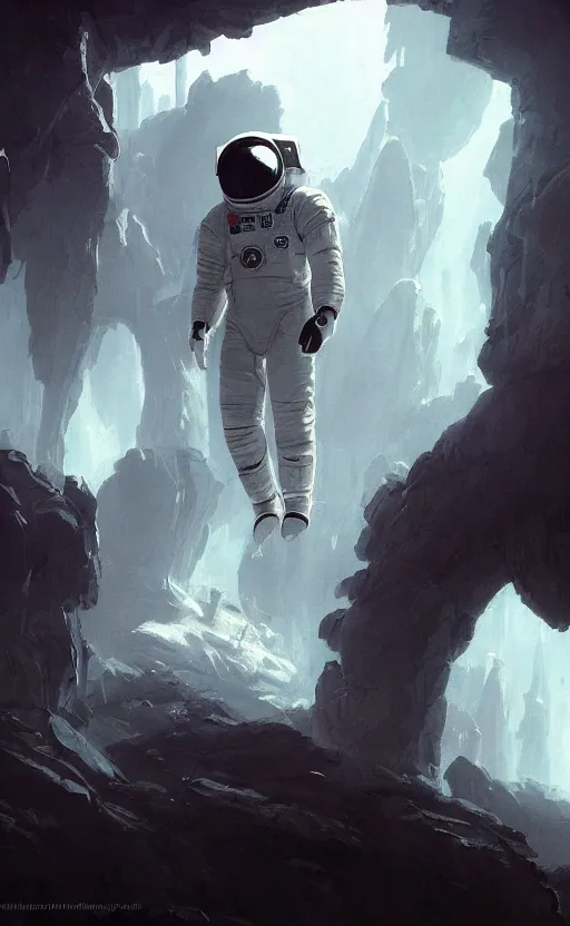 Prompt: a beautiful artwork illustration, concept art sketch of an astronaut in white futuristic cybernetic armor in a dark cave, volumetric fog, godrays, high contrast, vibrant colors, vivid colors, high saturation, by Greg Rutkowski and Jesper Ejsing and Raymond Swanland and alena aenami, featured on artstation, wide angle, vertical orientation