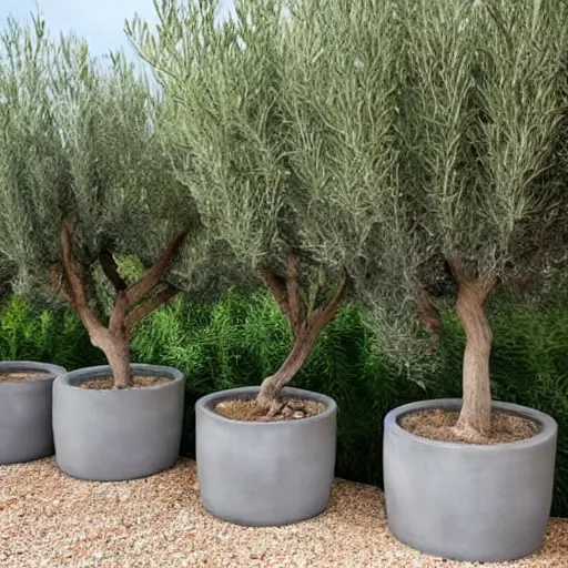 Image similar to large concrete pots with seatings, olive trees, wpc decking on the floor