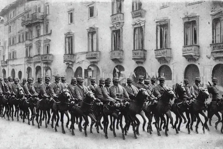 Image similar to a dozen ww 1 cavalrymen marching through italian - style city, 1 9 0 5, black and white photography