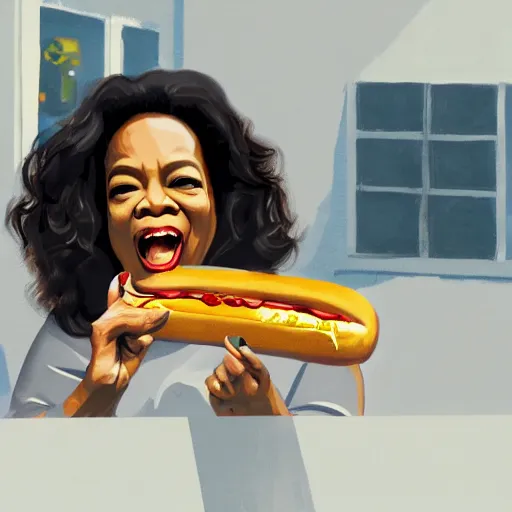 Prompt: security cam footage of oprah winfrey doing a kickflip while eating a huge hotdog by stuart brown and greg rutowski artstation