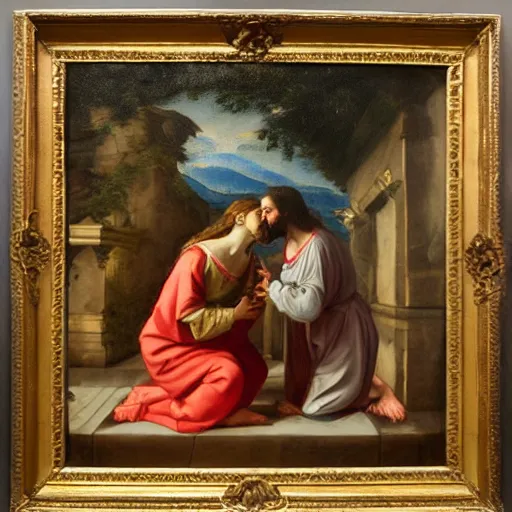 Image similar to 1 8 th oil panting of a jesus kissing with maria maddalena