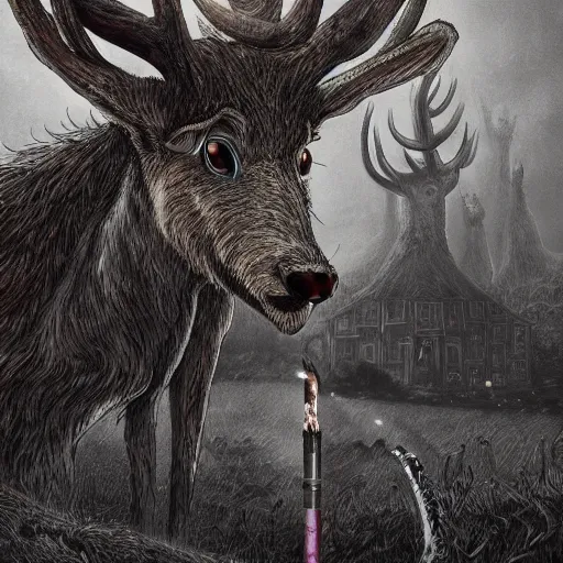 Image similar to 4 k headshot portrait of a psychedelic demonic anthropomorphic deer - horned wendigo smoking a hand - rolled cigarette smoking heavily, magic mushroom village in background. award winning. superb resolution. in the art style of junji ito and greg rutkowski. detailed mushroom city in background. hyper realistic anime. perfect art. dalle 2