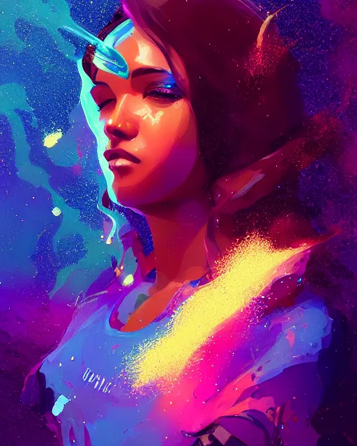 Prompt: liquid smoke beauty portrait, explosion of cosmic dust and sparkles, artgerm, ross tran, ismail inceoglu, sylvain sarrailh
