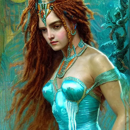 Image similar to artstation, intricate detail, portrait by gaston bussiere, tan skin, lady of elche, egyptian sumerian features, techno mystic dominatrix goddess princess intergalactica inanna with aqua neon rapunzel dreadlocks,