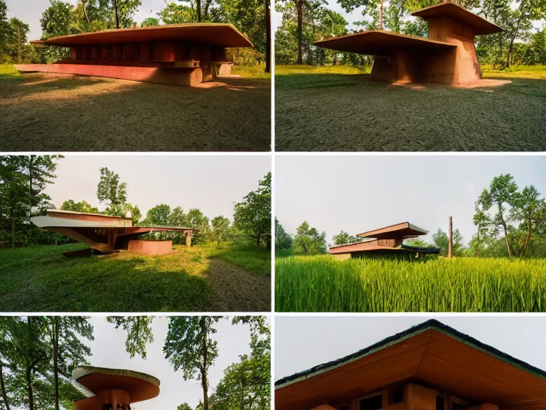 Prompt: hyperrealism design by frank lloyd wright and kenzo tange photography of beautiful detailed small house with many details around the forest in small ukrainian village depicted by taras shevchenko and wes anderson and caravaggio, wheat field behind the house, volumetric natural light