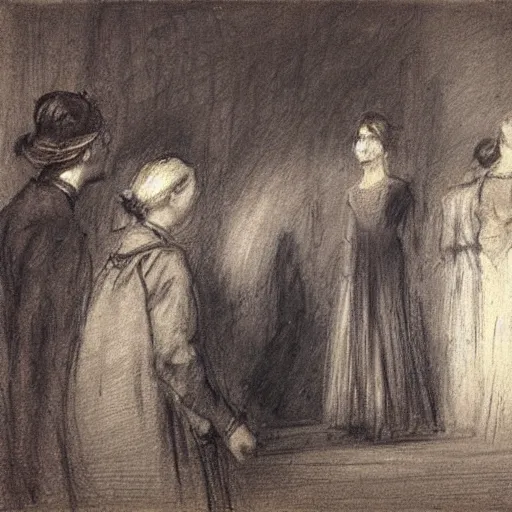 Image similar to a young woman and five man attending a funeral, by alfred stevens, charcoal