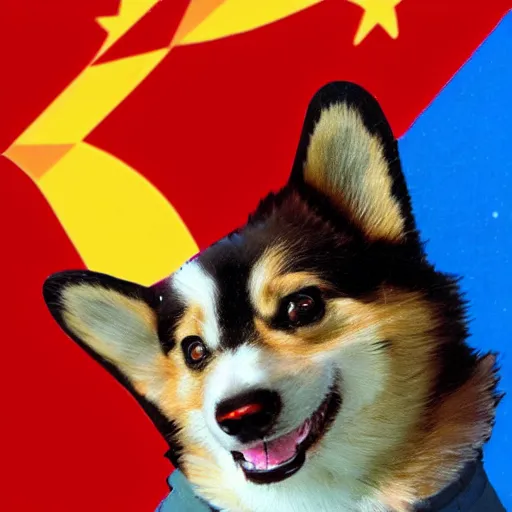 Prompt: a hyperrealistic digital render of a happy cyberpunk corgi in a soviet spacesuit, ussr flag, floating in space, by alexander deyneka