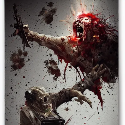 Prompt: a men shooting at a zombie the zombie head exploded because of the bullet by greg rutkowski