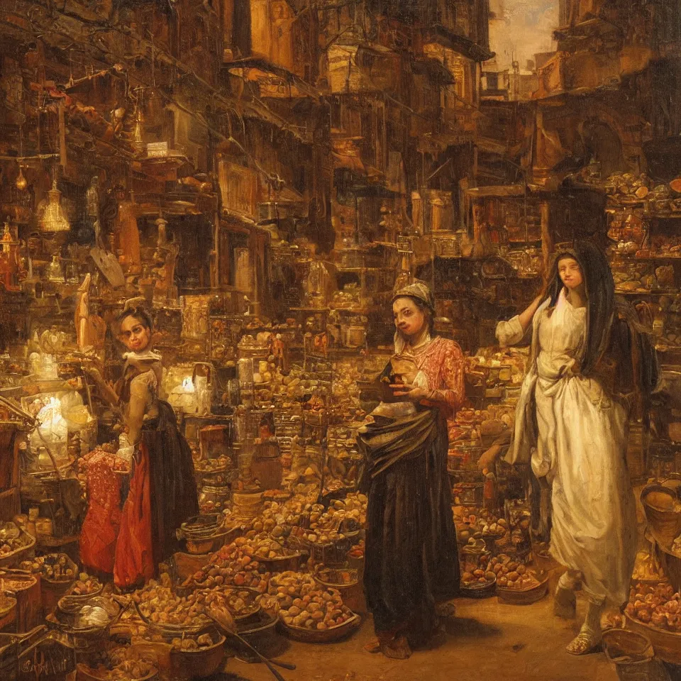 Prompt: young woman standing in a spice market at night byjohann mongels culverhouse, oil on canvas, masterful intricate artwork, excellent lighting, high detail 8 k