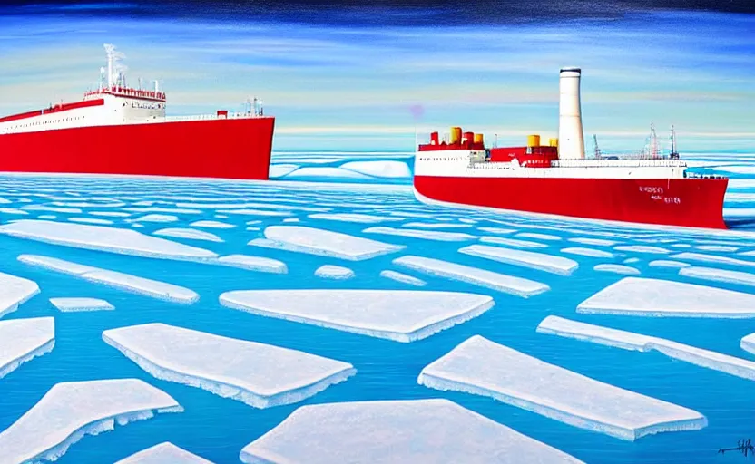 Image similar to a surreal colourful painting of arctic ice breaker going through ice field with epic cracks