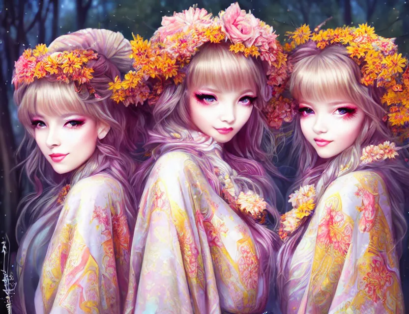 Image similar to two beautiful fashion siberian girls wear fantasy kimono in festival | | big eyes, sunny, dreamlike art, realistic shaded, smile, good looking, hyper details, 4 k realistic, cryengine, realistic shaded lighting poster by artgerm, ross tran, fuji choko, loish, 8 k resolution, trending on artstation, luxury