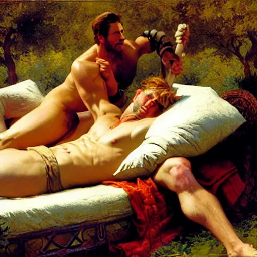 Image similar to ares tickles achilles the champion with a feather on a bed of pillows in a meadow, wine flows, painting by gaston bussiere, craig mullins, j. c. leyendecker, tom of finland