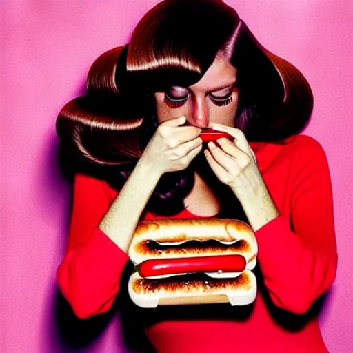 Image similar to a fashion model curls her hair using hot dogs. surreal photograph, toiletpaper magazine, 3 5 mm photograph, colourful, by pierpaolo ferrari, maurizio cattelan