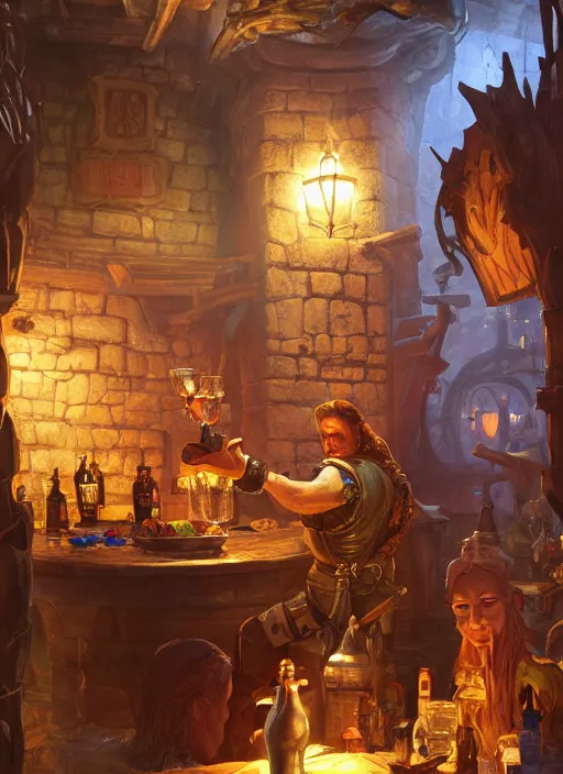 Image similar to barkeep in a tavern, ultra detailed fantasy, dndbeyond, bright, colourful, realistic, dnd character portrait, full body, pathfinder, pinterest, art by ralph horsley, dnd, rpg, lotr game design fanart by concept art, behance hd, artstation, deviantart, hdr render in unreal engine 5