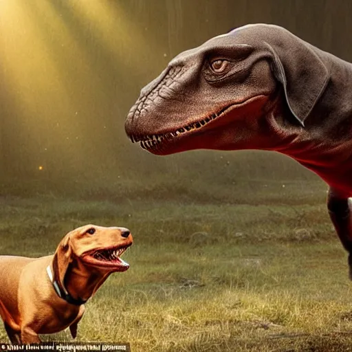 Image similar to daschund faces down a vicious t - rex, dramatic, cinematic lighting, powerful, moving, award winning, photorealistic,