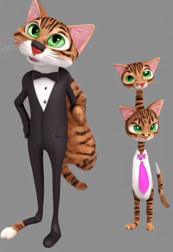 Image similar to 3d render , anthropomorphic male tabby cat,wearing a pink tux ,style of Zootopia, 8K HD Resolution, High quality image