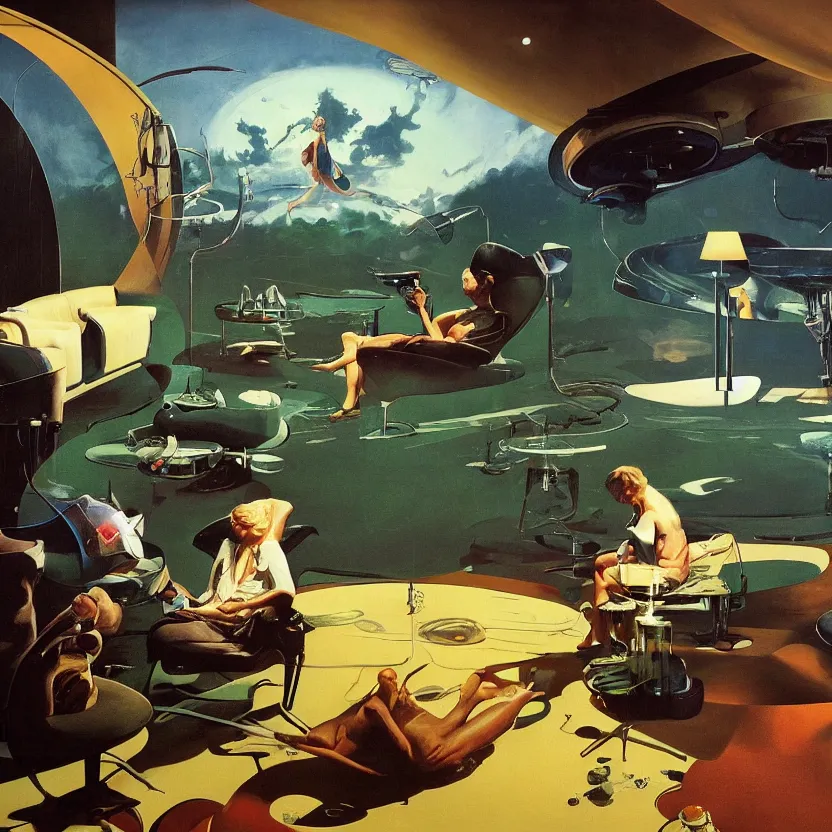 Image similar to highly detailed science fiction painting turned into a diorama sculpture depicting a futuristic lounge room on the edge of a meadow with billowing clouds. styling by norman rockwell, frank frazetta, and syd mead. rich colors, high contrast, gloomy atmosphere. trending on artstation.