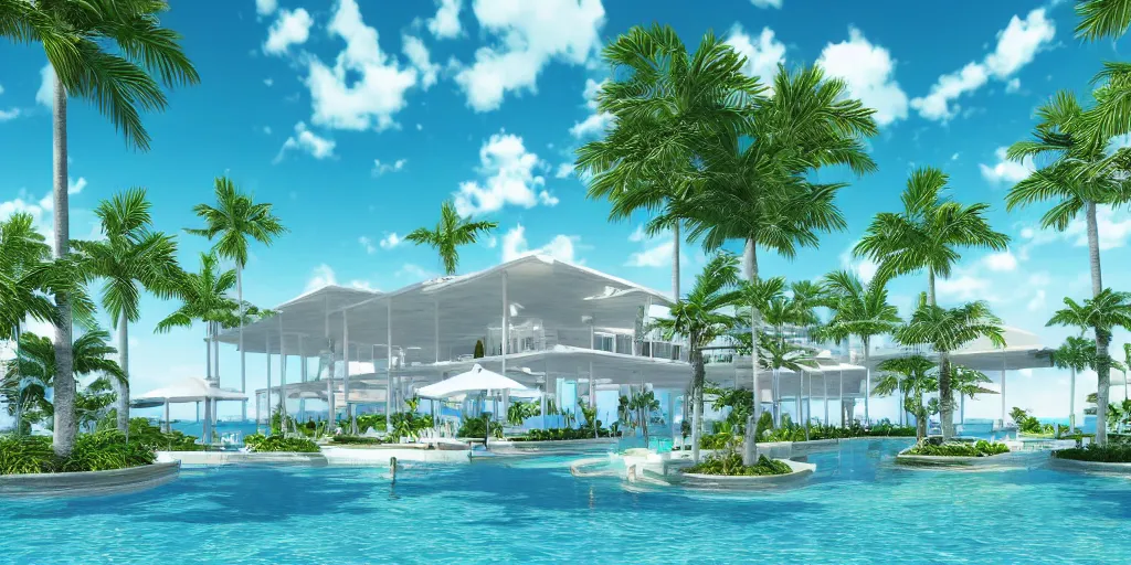 Image similar to hyperrealistic surreal virtual world of a florida keys resort with palm trees around a pool, a surreal vaporwave liminal space, minimalist architecture, metaverse, highly detailed, calming, meditative, dreamscape