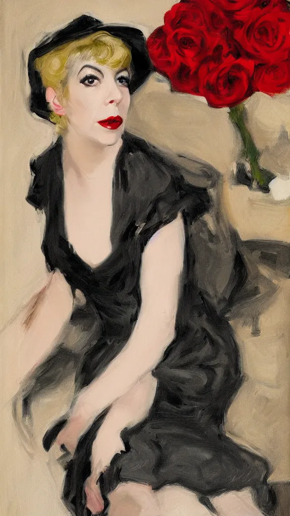 Image similar to portrait of julee cruise in lynch pattern, red roses, painted by john singer sargent