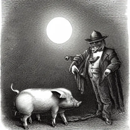 Image similar to pig, tuxedo, illustration by Gustave Doré, high detail, eerie, creepy, dark, night, misty, moon, chiaroscuro, film noir