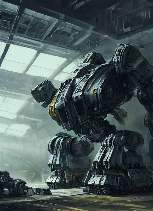 Image similar to mecha tank in a hangar, dramatic lighting, cinematic, establishing shot, extremely high detail, foto realistic, cinematic lighting, post processed, concept art, artstation, matte painting, style by eddie mendoza, raphael lacoste, alex ross