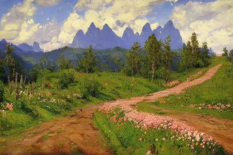 Image similar to road to the mountains, elf forest, fantasy, beautiful landscape, many flowers after rain, Isaac Levitan